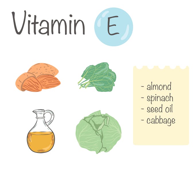 Vitamin E - almond, spinach, seed oil, cabbage