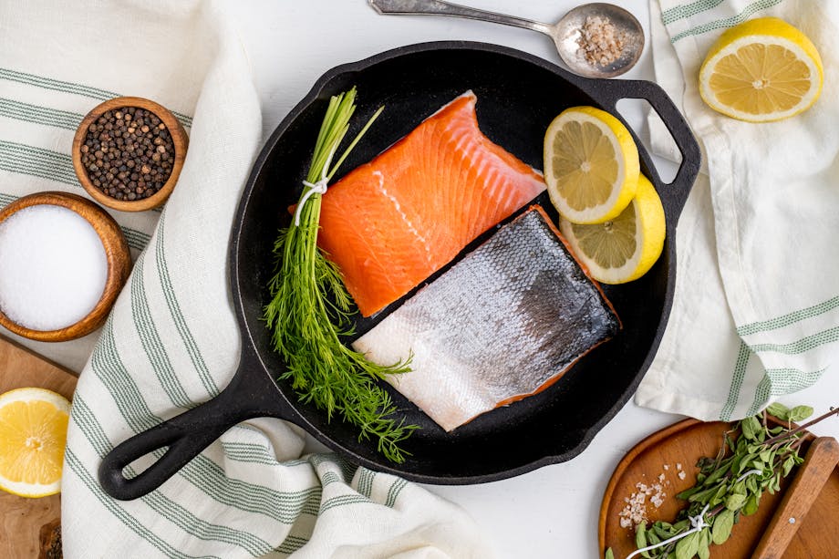 Wild-caught salmon in a pan