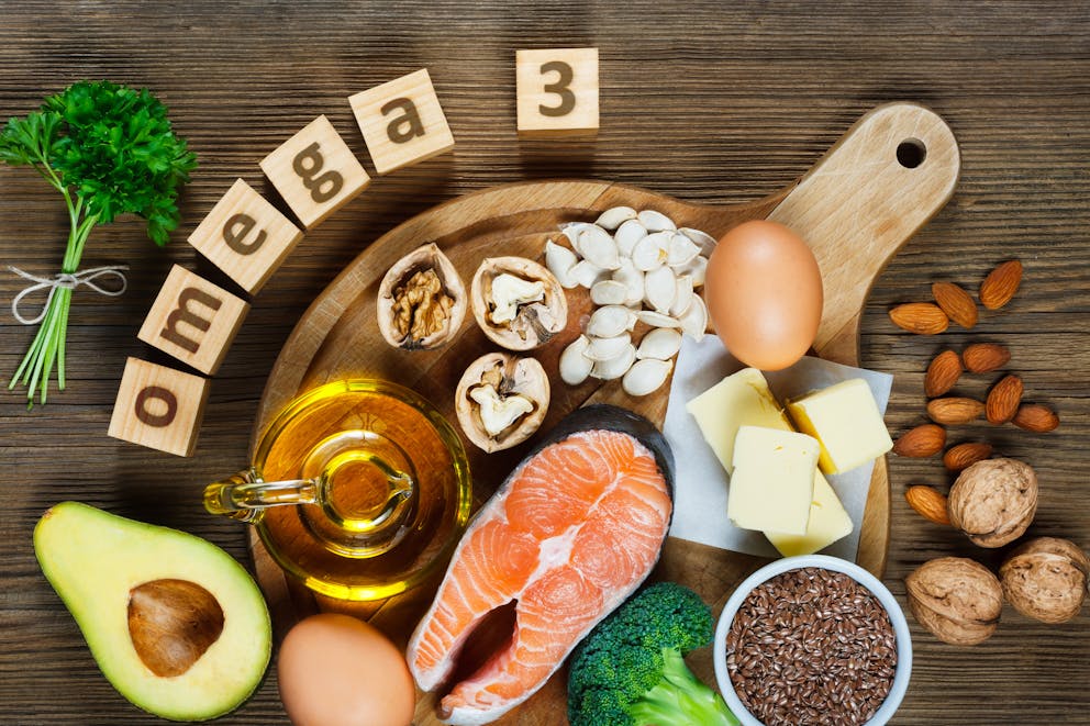 Animal and vegetable sources of omega-3 fatty acids such as salmon, avocado, linseed, eggs, butter, walnuts, almonds