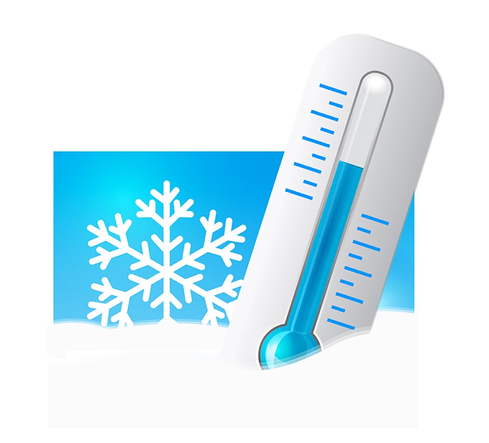 Illustrated drawing of thermometer in snow, cold temperatures, snowflakes, freezing.