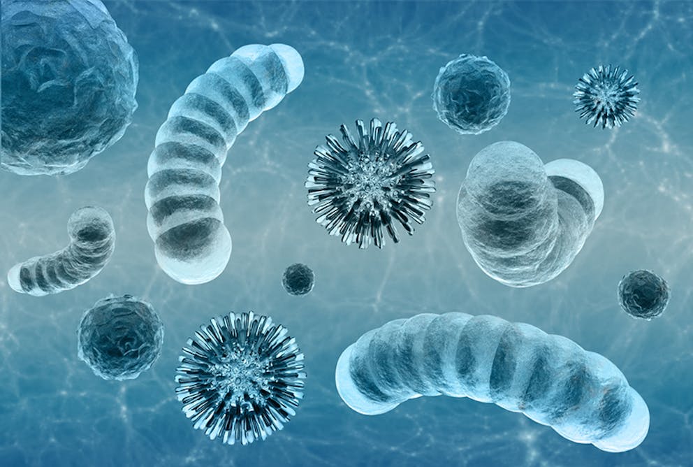 3D illustration of viruses, all different shapes.