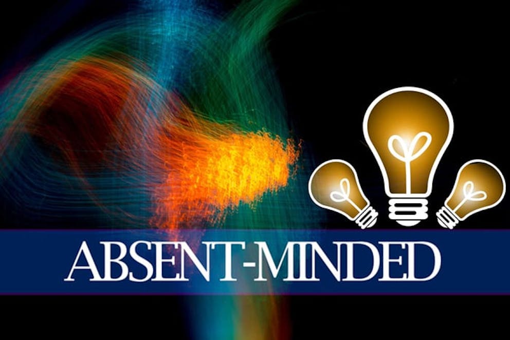 Absent minded written in white text on black background with abstract color shapes and light bulbs.