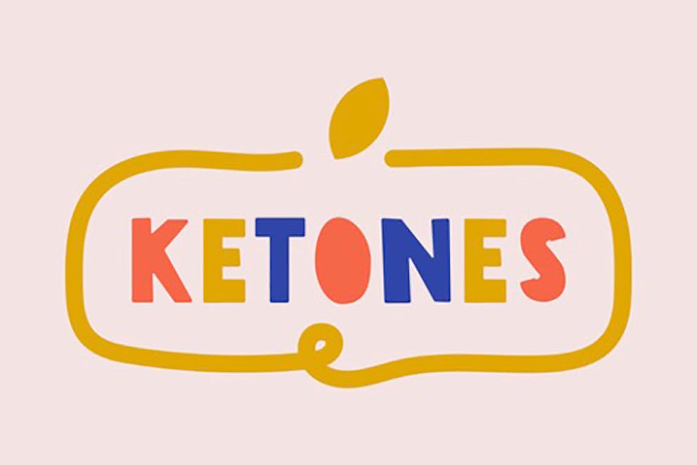 Hand drawn lettering of word ketones with border, colors, pink background.