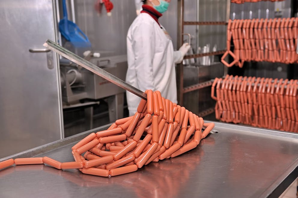 Sausage factory with links of hot dogs piled on a tray and hot dogs hanging in the background.