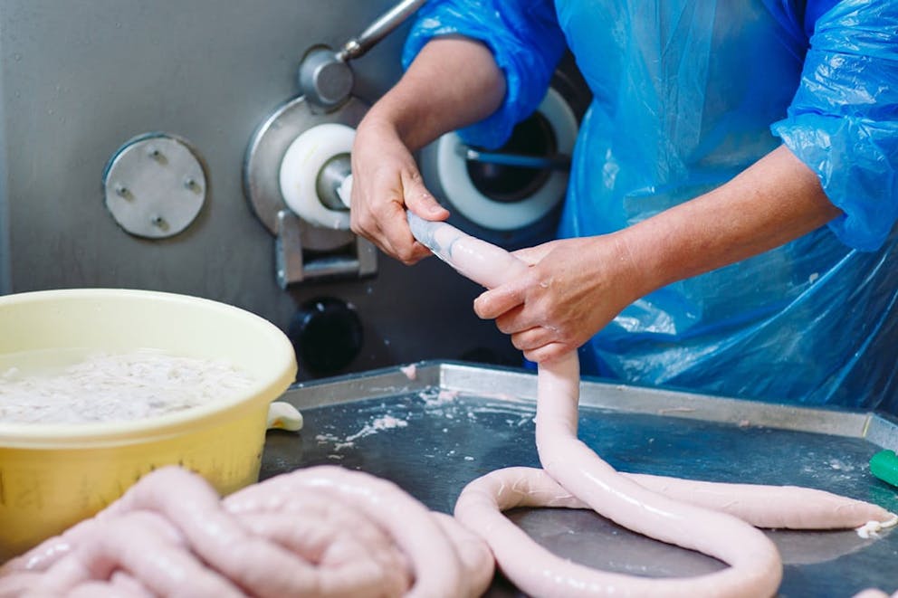 Meat factory processing meat trimming paste into sausage casing, what is in a hot dog.