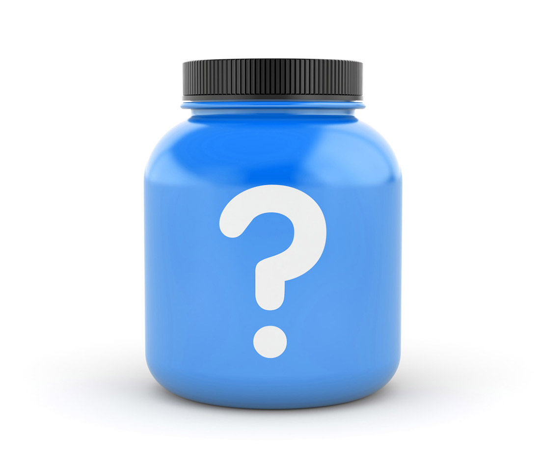Blue supplement bottle with question mark on the label