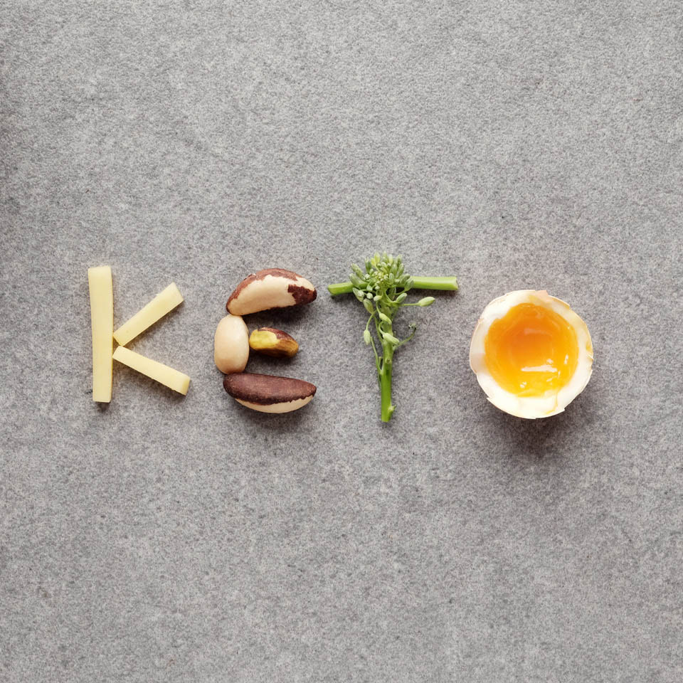 Low-carb foods spelling out the word keto, using cheese, nuts, broccoli, and egg.