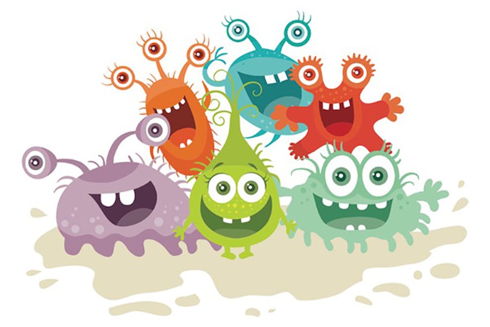 Colorful cartoon drawings of friendly microbes, smiling germs, probiotics, beneficial bacteria.