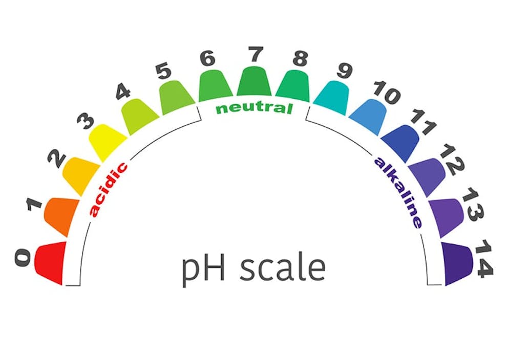 pH scale from acidic to neutral to alkaline, colors and pH value numbers in arch.