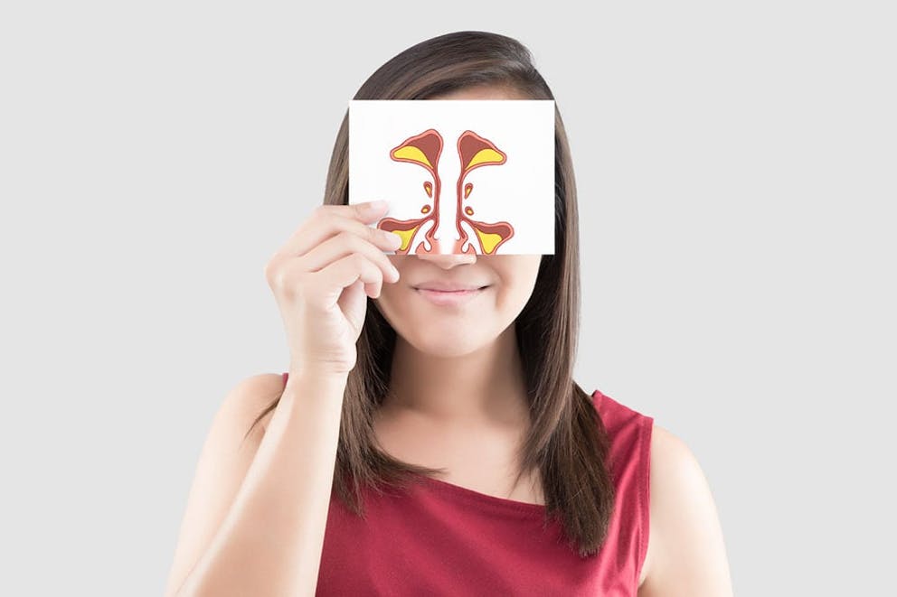 oung woman smiling holds white paper with drawing of sinuses in front of face – sinus mucus.