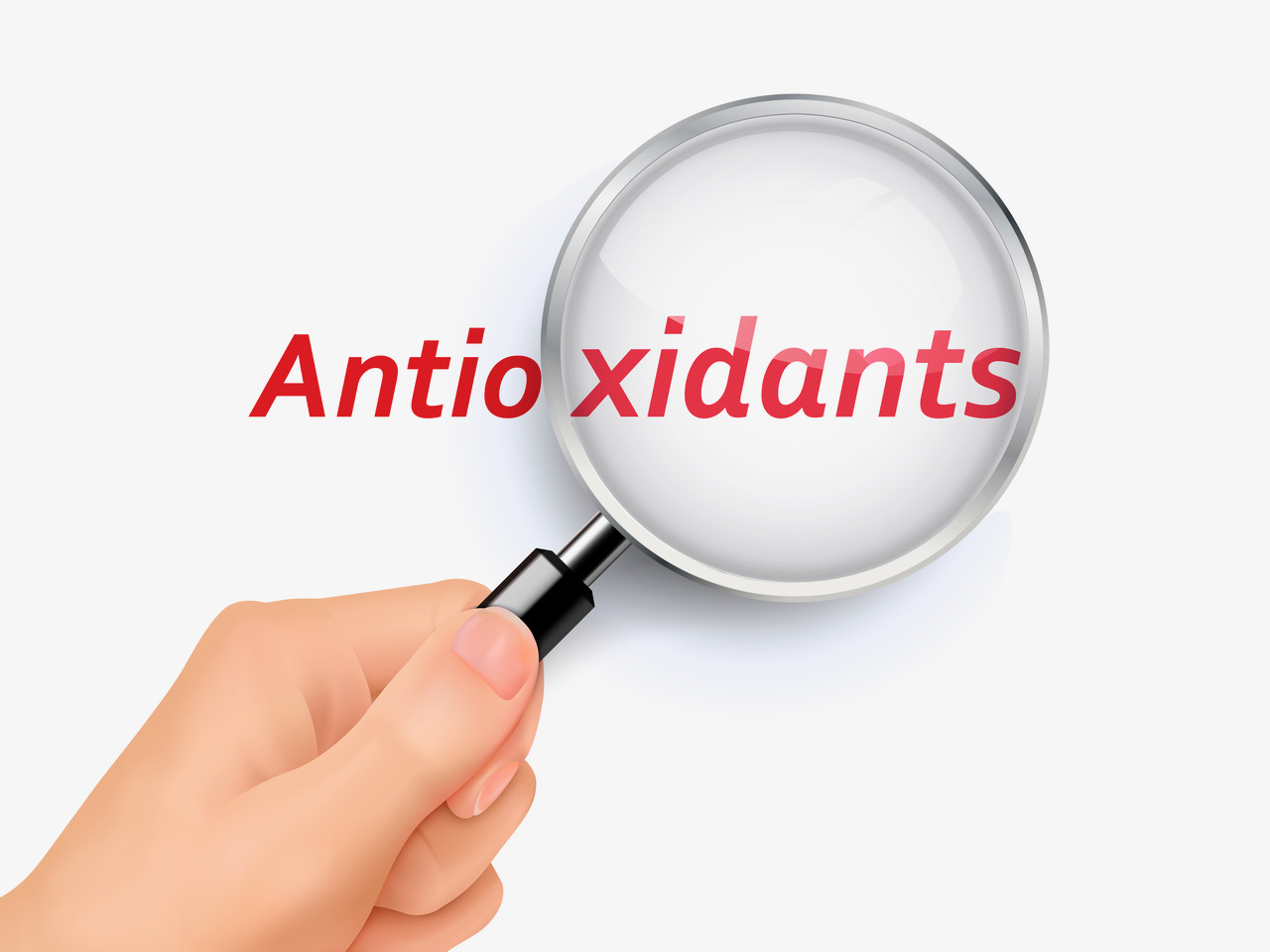 The word antioxidants written in red with a magnifying glass over it held by a hand.