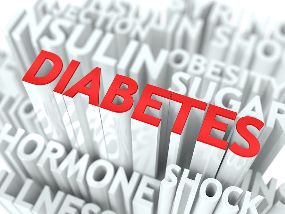 Diabetes in red letters raised above white word cloud with words like Fat Storing Hormone, hormones, and sugar.
