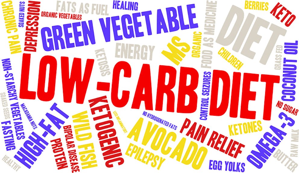 Low-carb diet word cloud, bright colors, words like ketogenic, green vegetable, high-fat, energy.