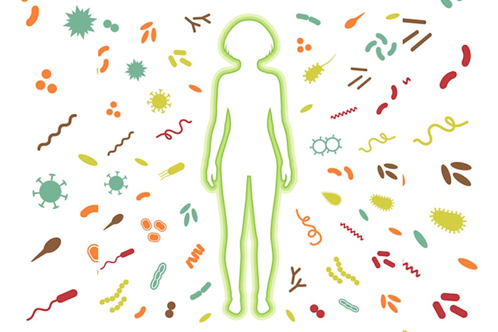 Woman’s body shape with green shield, immune system concept surrounded by microbes and pathogens.
