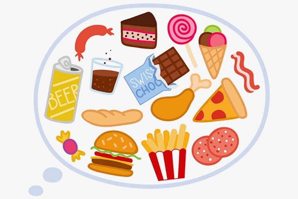 Thought bubble filled with cartoon drawings of unhealthy carb cheat foods like fries, cake, sweets.