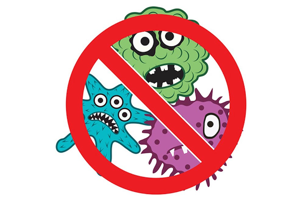 Kill bacteria, red no sign over illustration of cartoon microbes on white background.