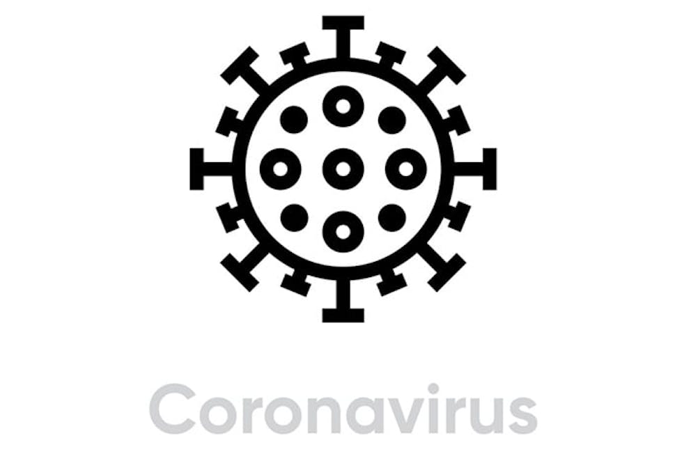 Black and white illustration of coronavirus with text and virus shape.