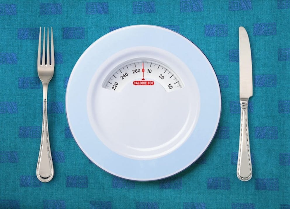 Plate, fork, knife, and scale for counting calories | How Many Calories on Keto? The Simple Formula