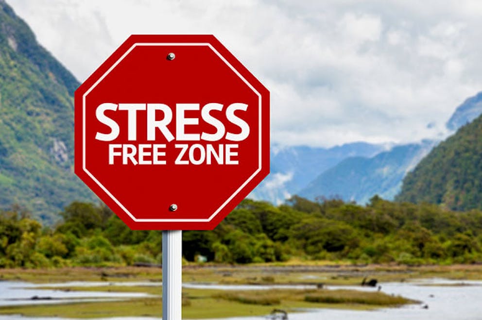 Stress free zone sign, red stop sign with nature mountain background.