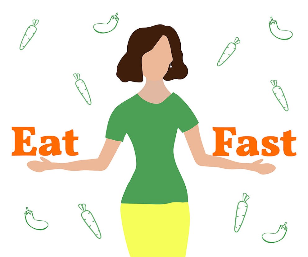 a drawing of a woman with the words Eat and Fast on either side