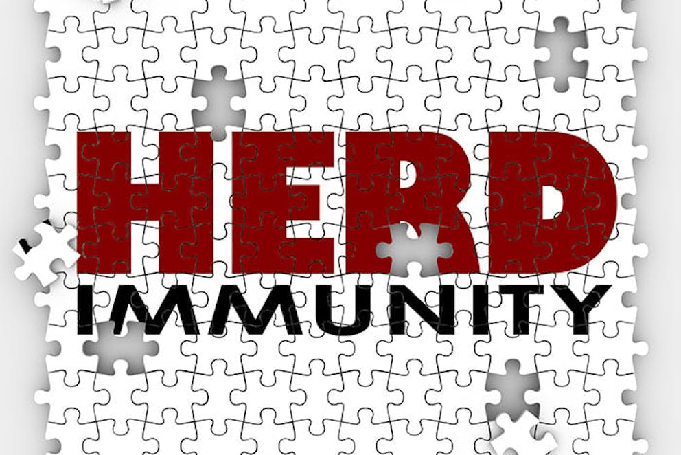 the words herd immunity on a background of jigsaw puzzle pieces