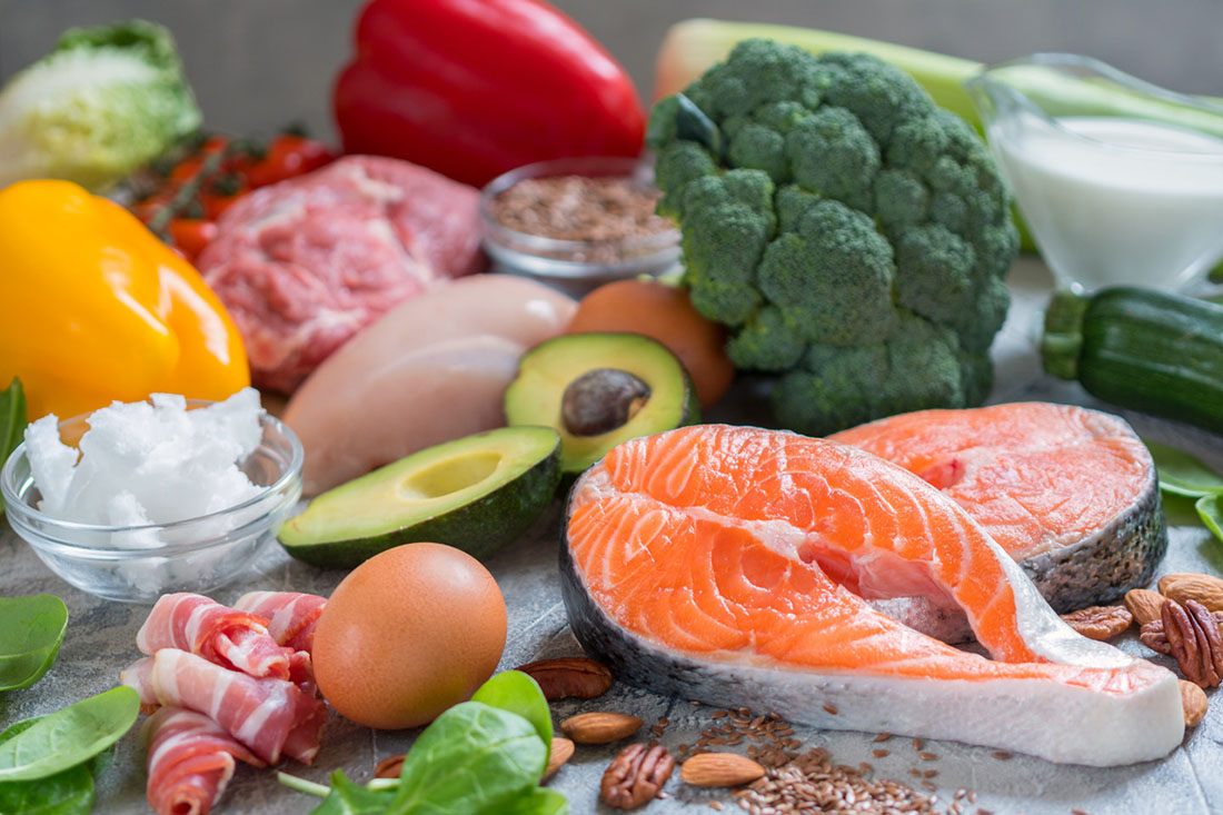 Healthy low-carb ketogenic diet foods – salmon, avocado, eggs, broccoli, nuts, peppers, and meat | Keto Diet Cancer Prevention Strategy