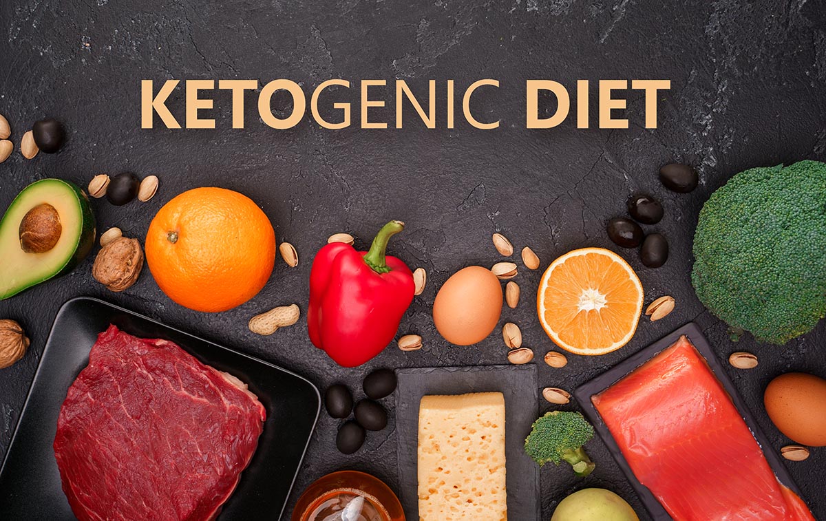 Ketogenic diet includes grass-fed beef, salmon, cheese, vegetables, and nuts