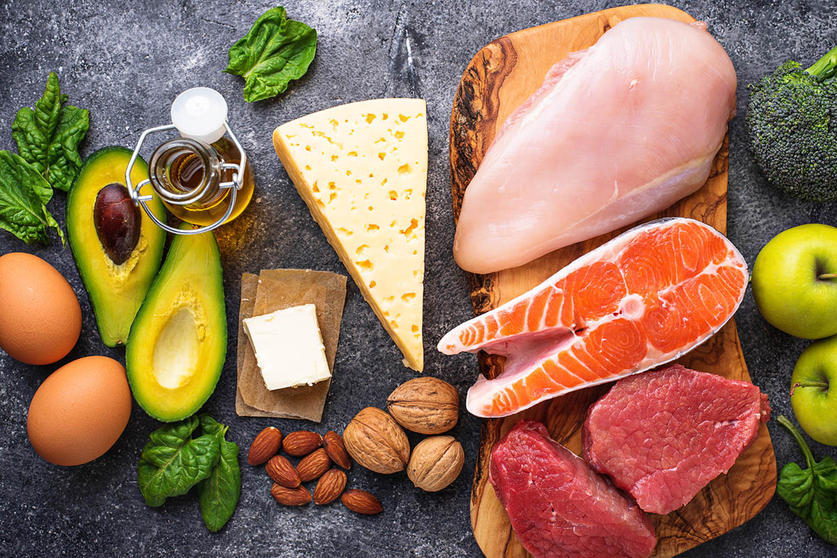 Keto foods including salmon, avocado, eggs, cheese, nuts, lean beef, and free-range chicken