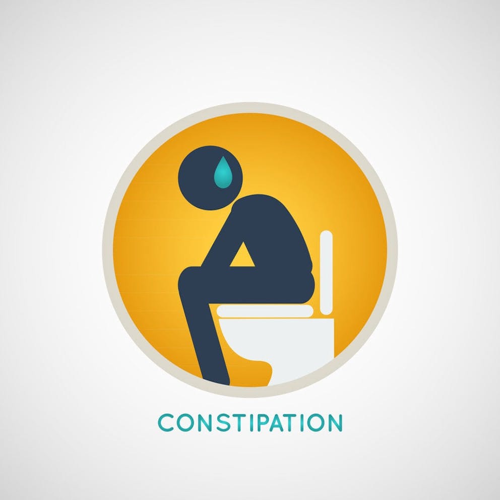 Yellow circle graphic illustration of man sitting on toilet crying, constipation concept.