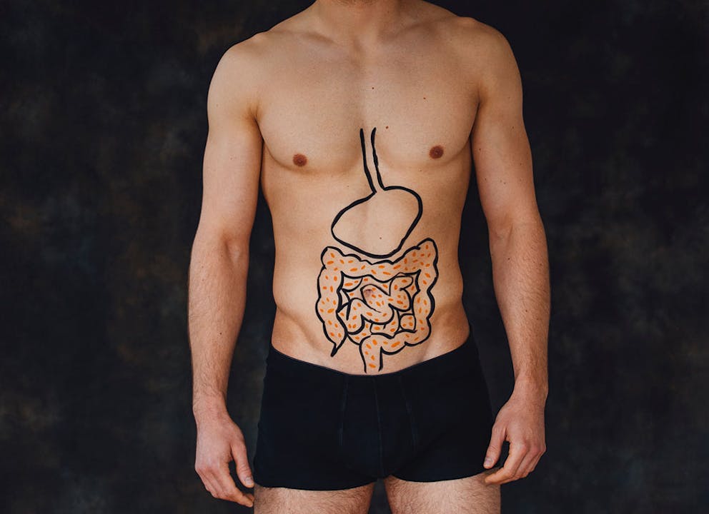 A man’s torso with digestive system drawn onto abdomen with intestines and stomach.