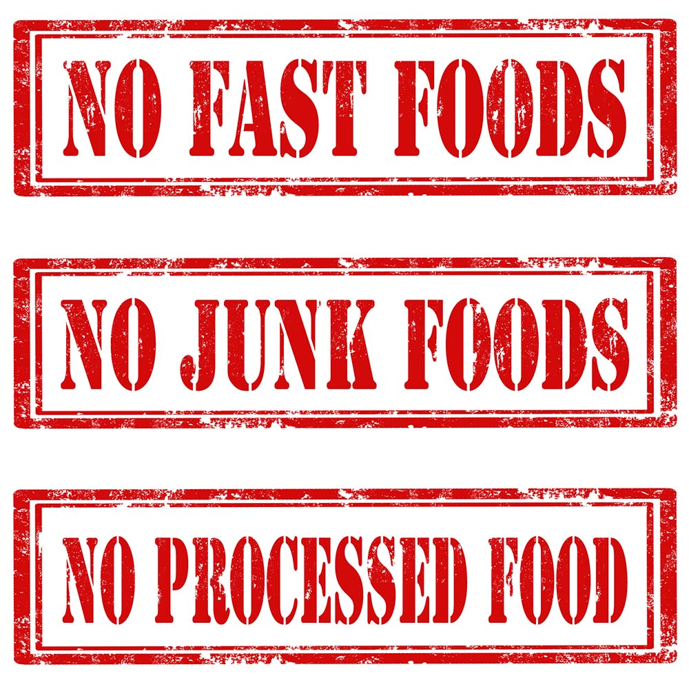 3 signs reading no fast foods no junk foods no processed foods