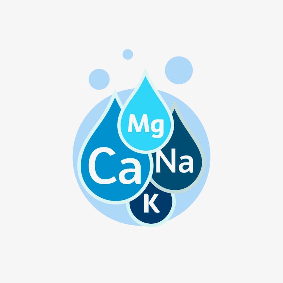 Electrolyte icon, water droplet images with minerals – magnesium, calcium, potassium.