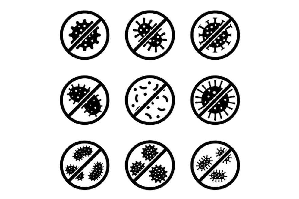 Black and white illustration of antiviral defense – icons of bacteria and viruses and stop symbol.