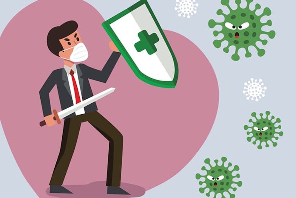 Cartoon drawing of man in suit holding shield and sword fighting viruses, immune system defense.
