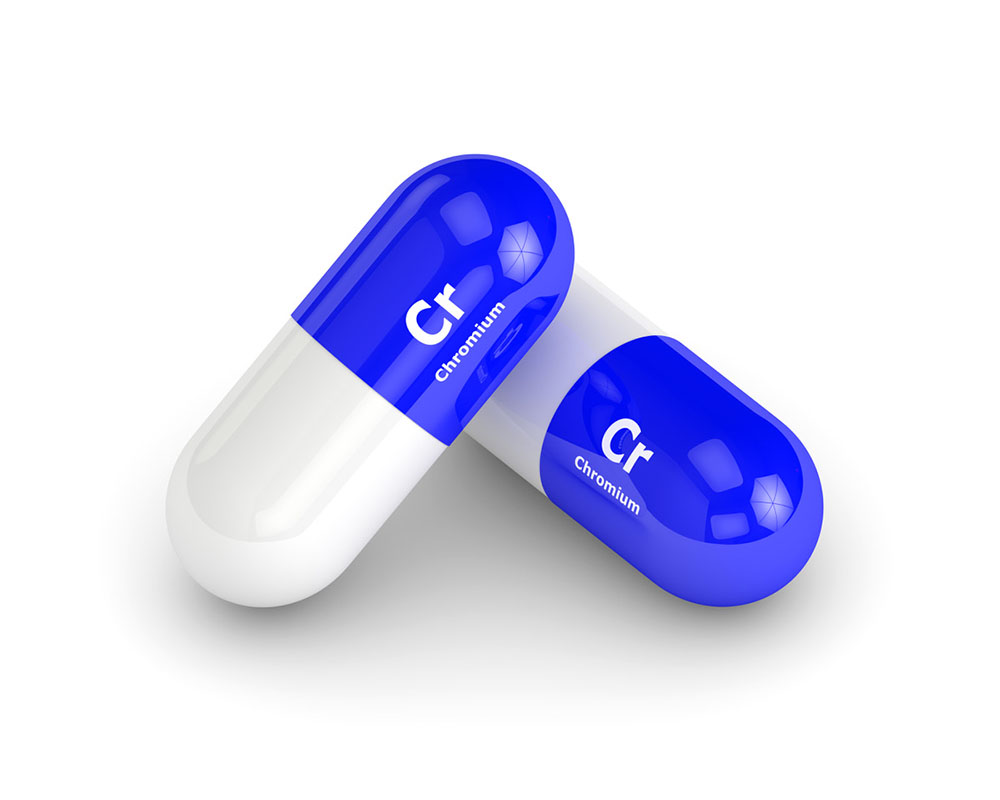 Chromium supplement image with two blue and white capsules labeled with Cr element.