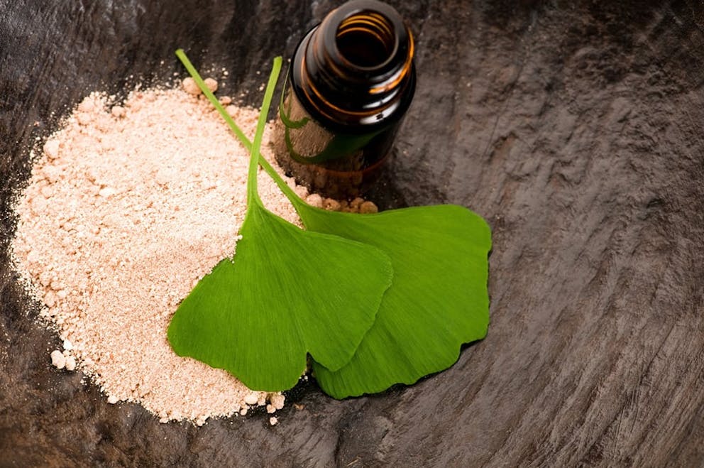 Ginkgo leaves on ginkgo extract next to medicine bottle on wooden background.