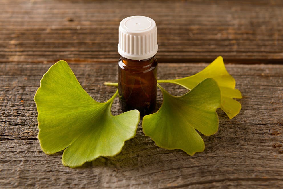 Ginkgo leaves next to a small brown medicine bottle with white lid on wooden table.