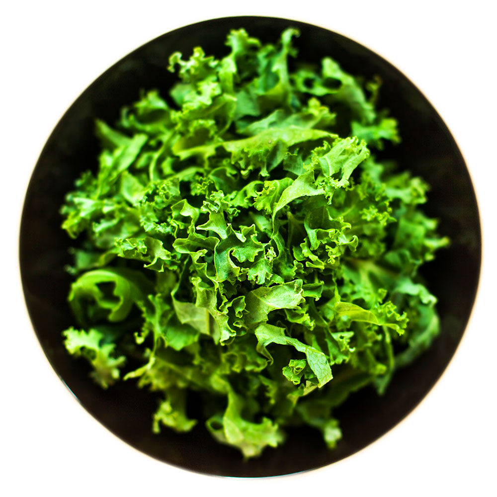 A black bowl filled with fresh green kale on white background.