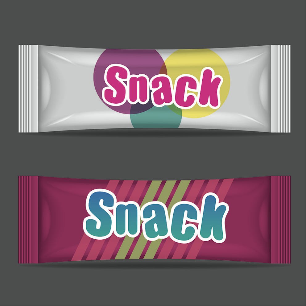 a picture of two snack bars in brightly colored foil wrappers