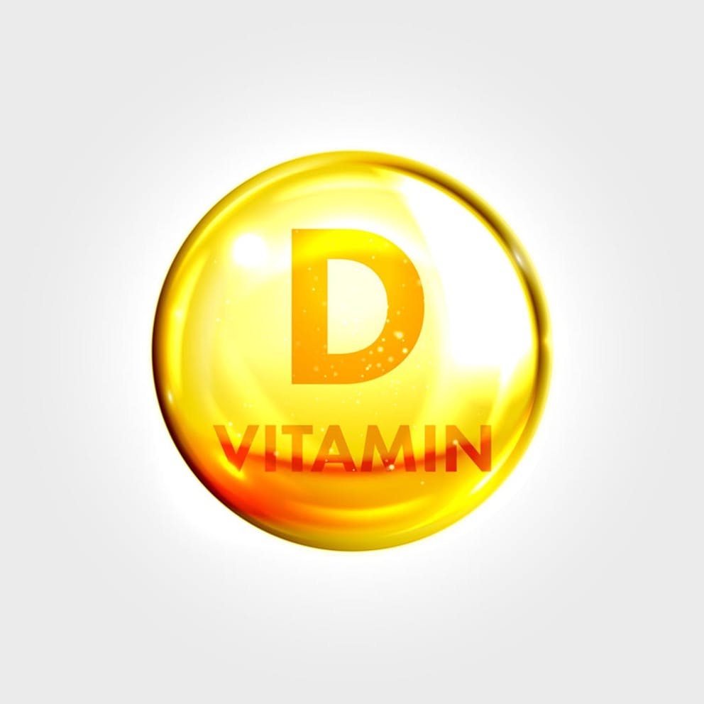 Gold vitamin D icon, vitamin D liquid capsule on white background.