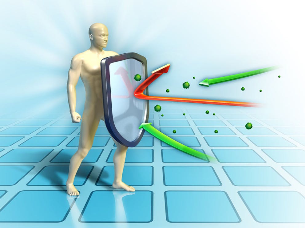 Digital illustration of immune system defense against bacteria and viruses, healthy immune system.