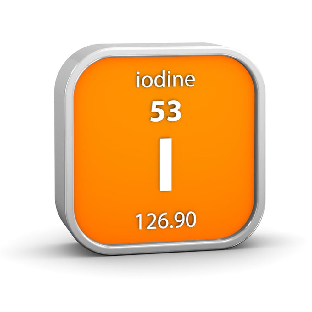 Periodic table concept for iodine element, orange square showing atomic number and name.