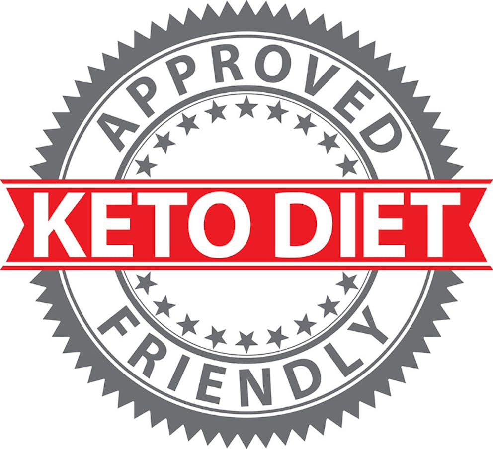 Keto diet friendly badge, keto approved foods, keto-friendly foods sign in grey and red.