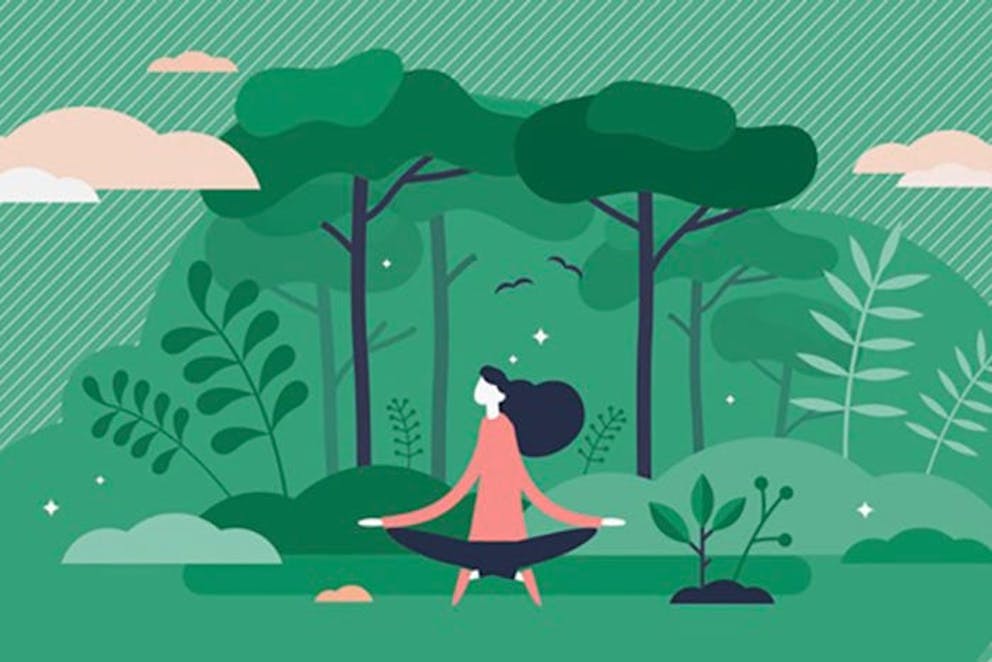 Cartoon illustration of woman sitting in forest with trees and plants, health benefits, calm.