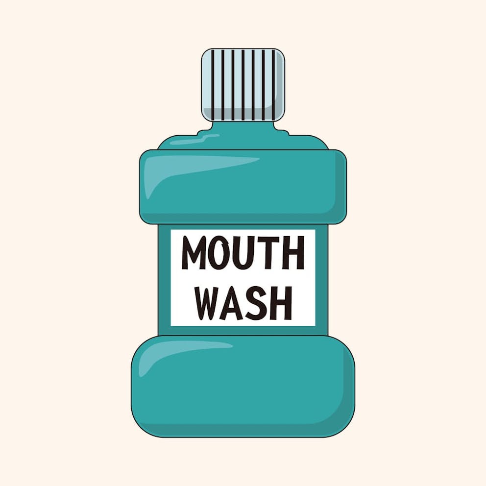 Illustrated drawing of blue mouthwash bottle with label on tan background.