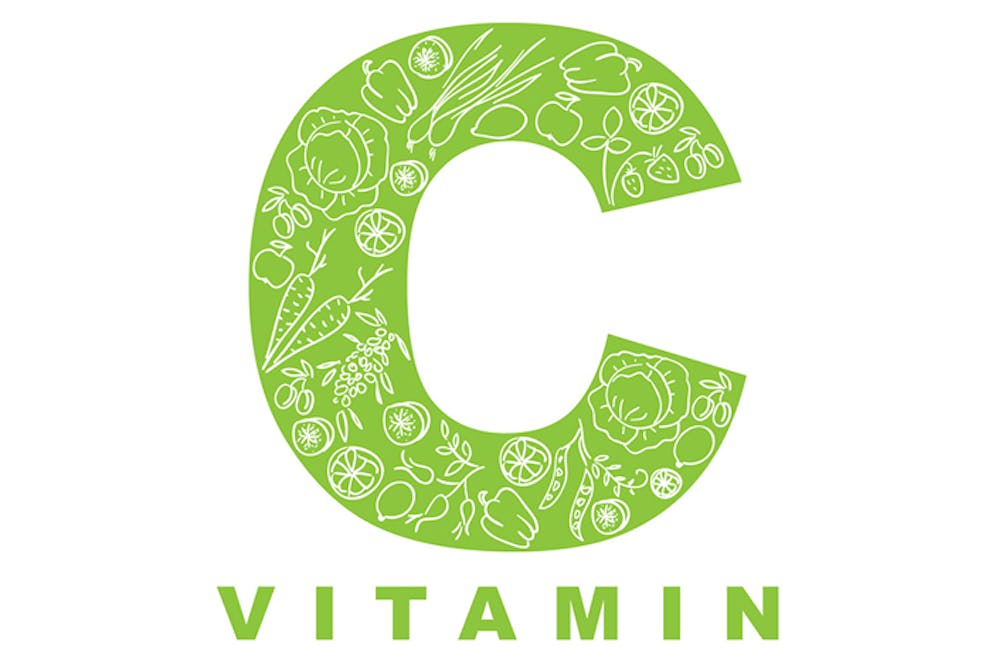 Vitamin C text in green, letter C filled in with vitamin C foods like peppers and leafy vegetables.