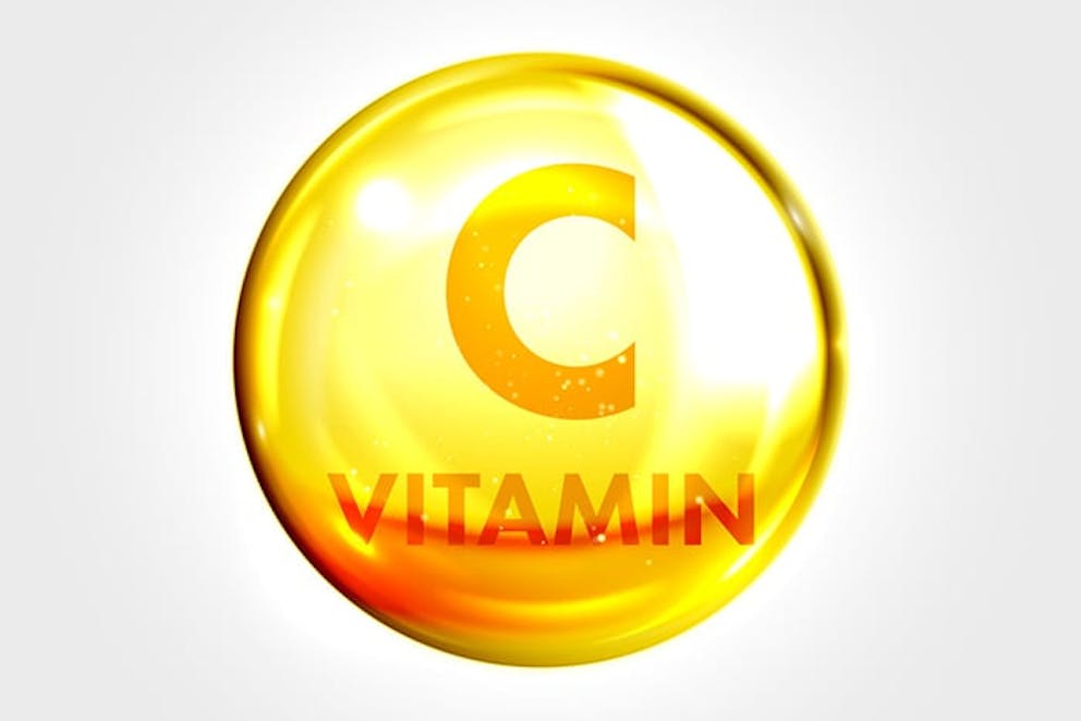Gold vitamin C icon, vitamin C supplement capsule health benefits.