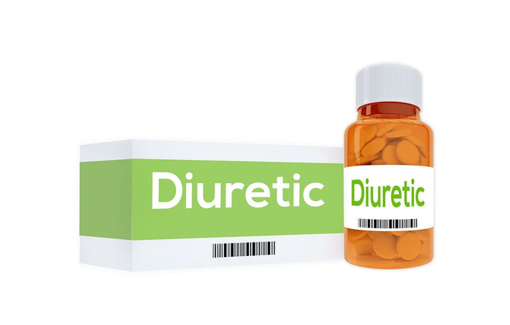 Illustration of orange diuretic pill bottle and green diuretic medication box.