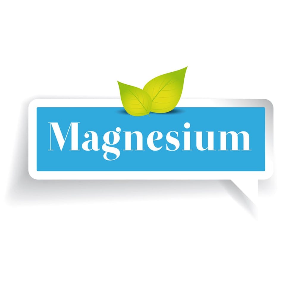 Text label for magnesium mineral in blue rectangle, with green leaves illustration.