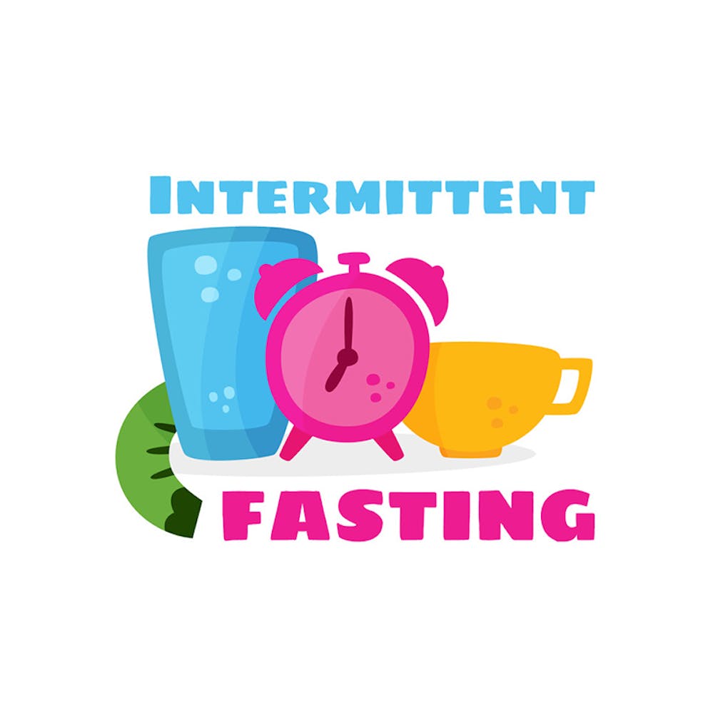 Intermittent fasting concept, cartoon illustration of clock, glass of water, mug of tea.